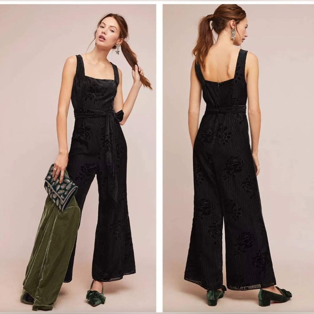 ANTHROPOLOGIE x MOULINETTE SOUERS Noir Velvet Burnout Jumpsuit Black Size 10